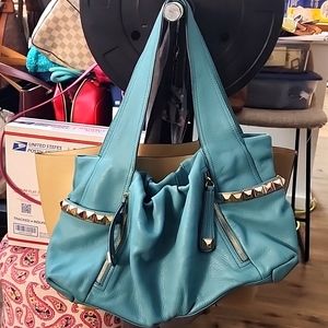 B MAKOWSKY Aqua Blue Glove Leather Stud Large Hobo Shoulder Bag Purse